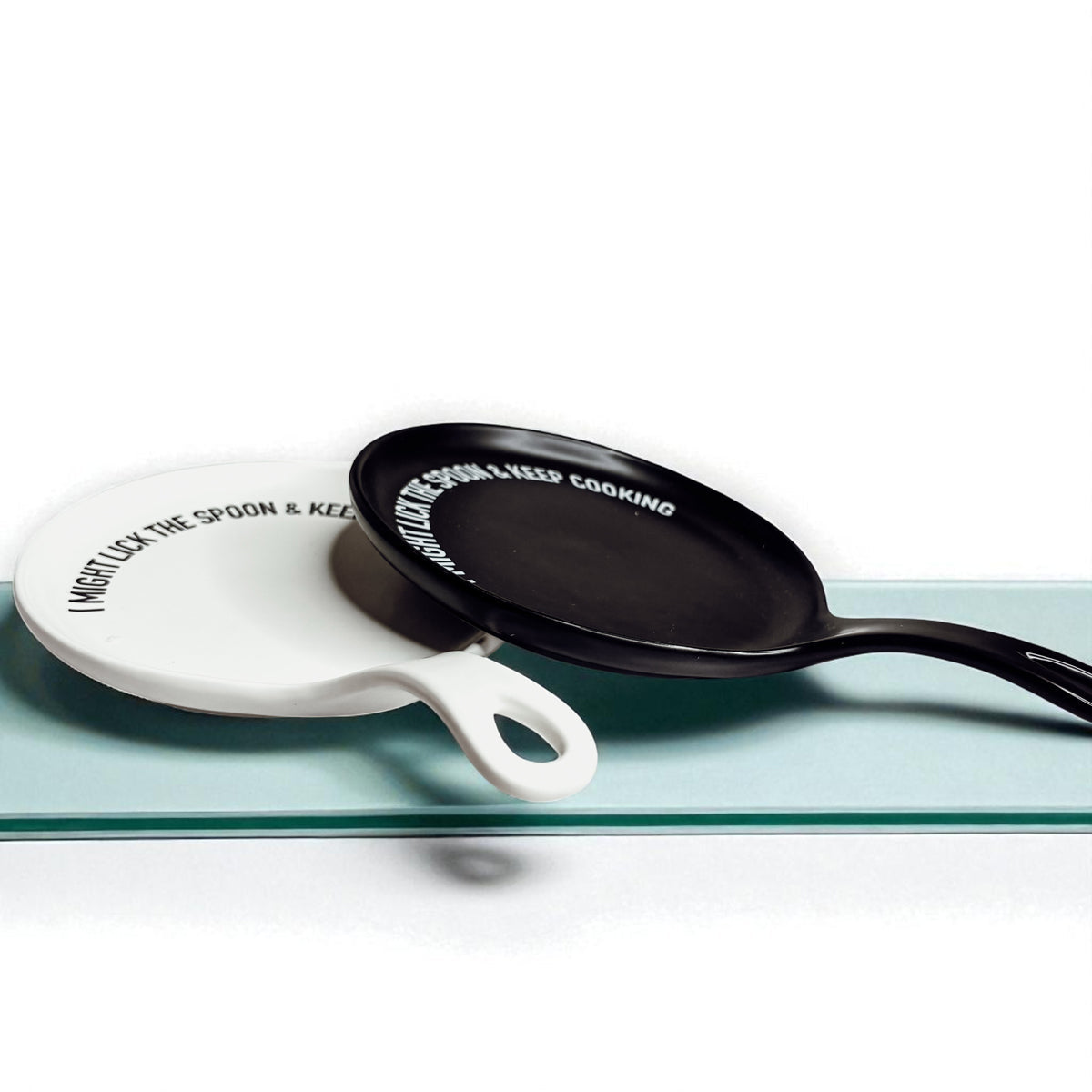 Gia Roma Lick the Spoon & Cook spoon rests, white and black, two-piece kitchen accessory set on Tampa Home & Garden Store