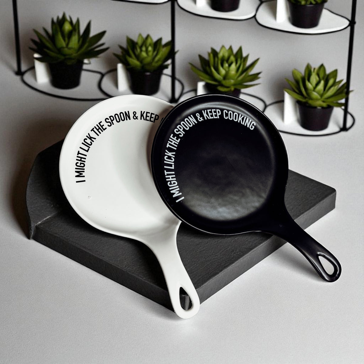 Lick the Spoon & Cook spoon rests white and black ceramic with bold rim text Gia Roma on Tampa Home & Garden Store