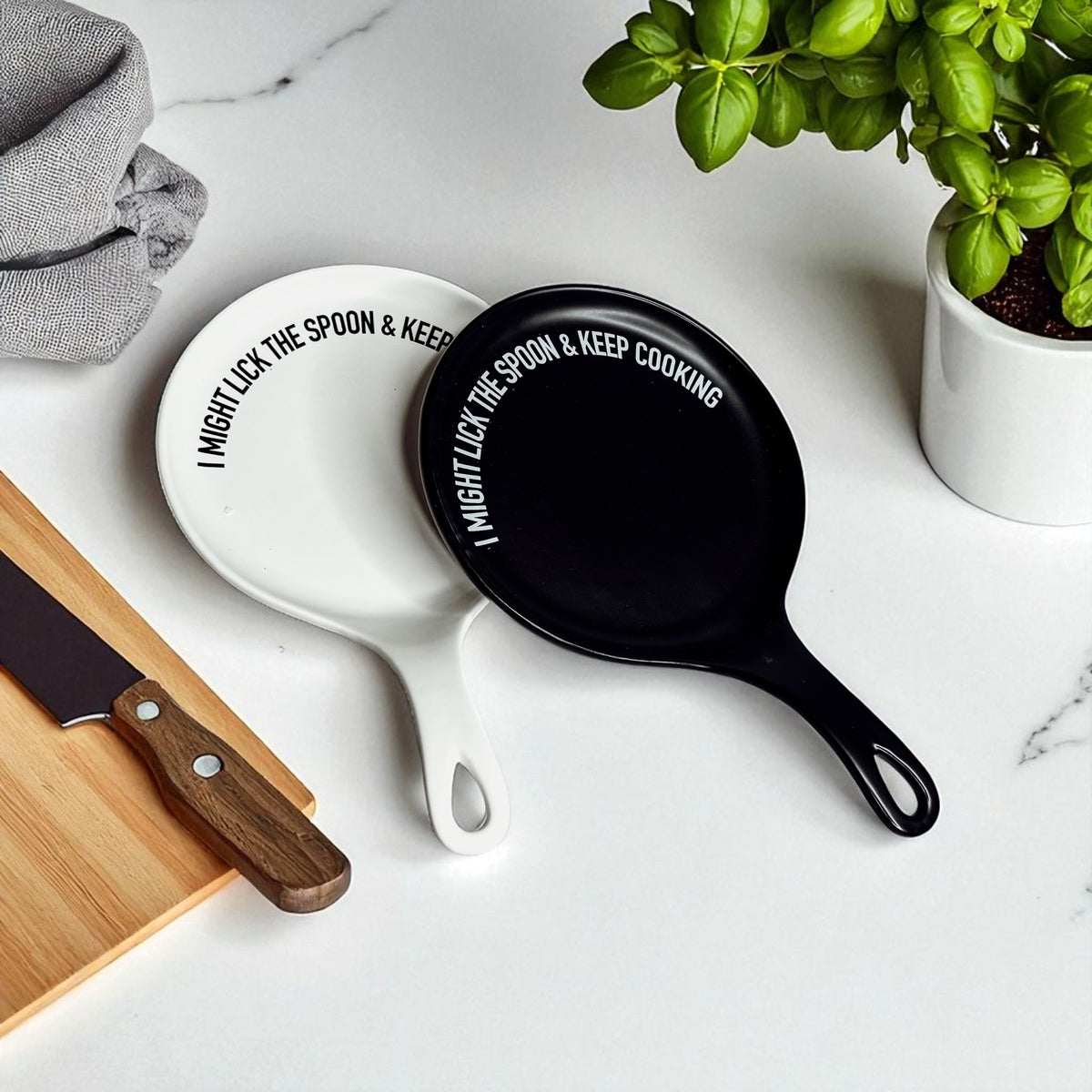 Lick the Spoon & Cook spoon rests white & black pair Gia Roma kitchen accessories on Tampa Home & Garden Store