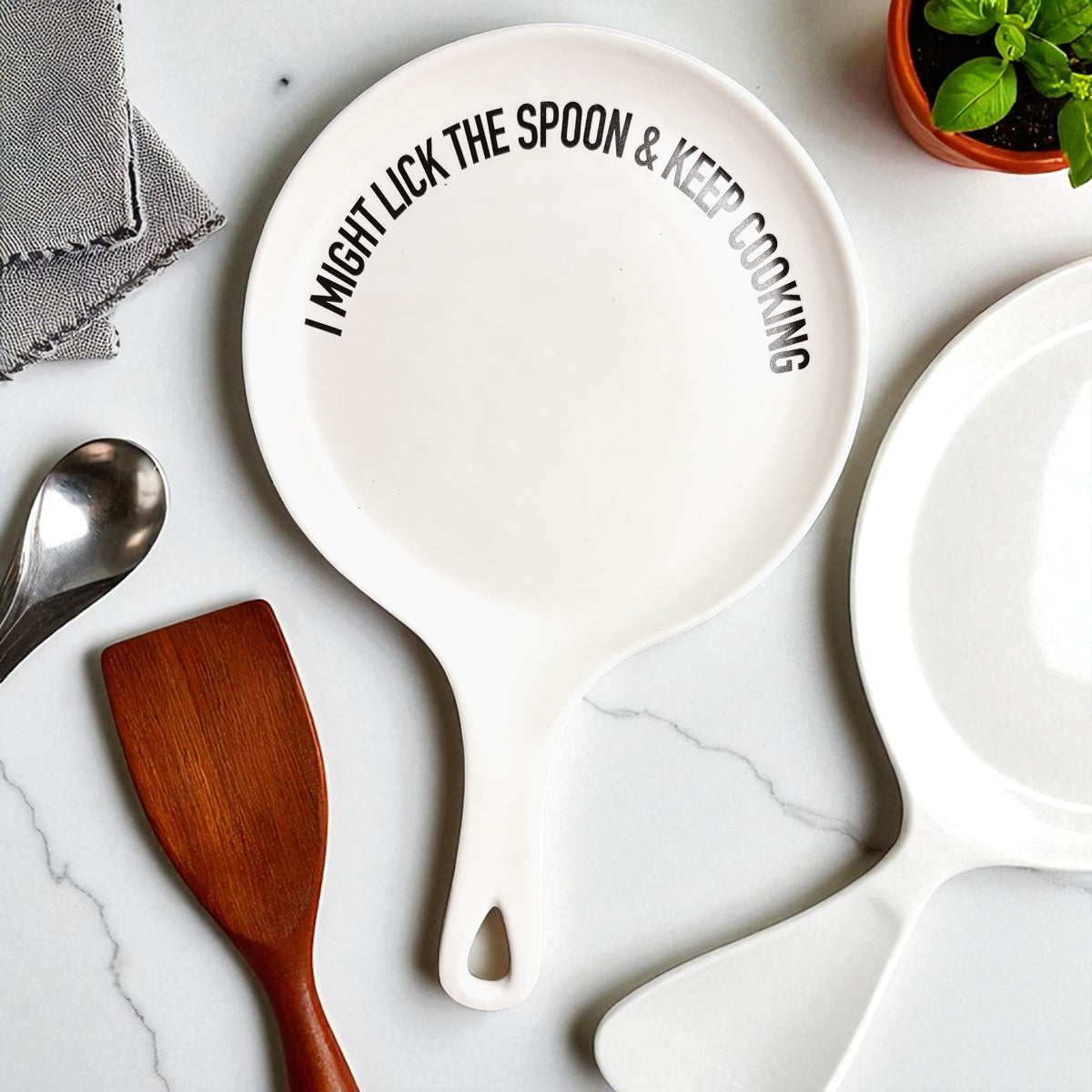 Gia Roma Lick the Spoon & Cook spoon rest, white round with handle, kitchen accessory on Tampa Home & Garden Store