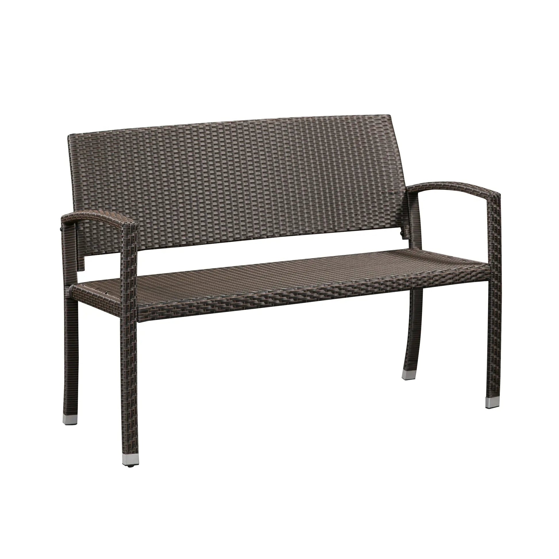 Miles Wicker Bench outdoor bench in dark brown woven resin wicker with armrests on Tampa Home & Garden Store