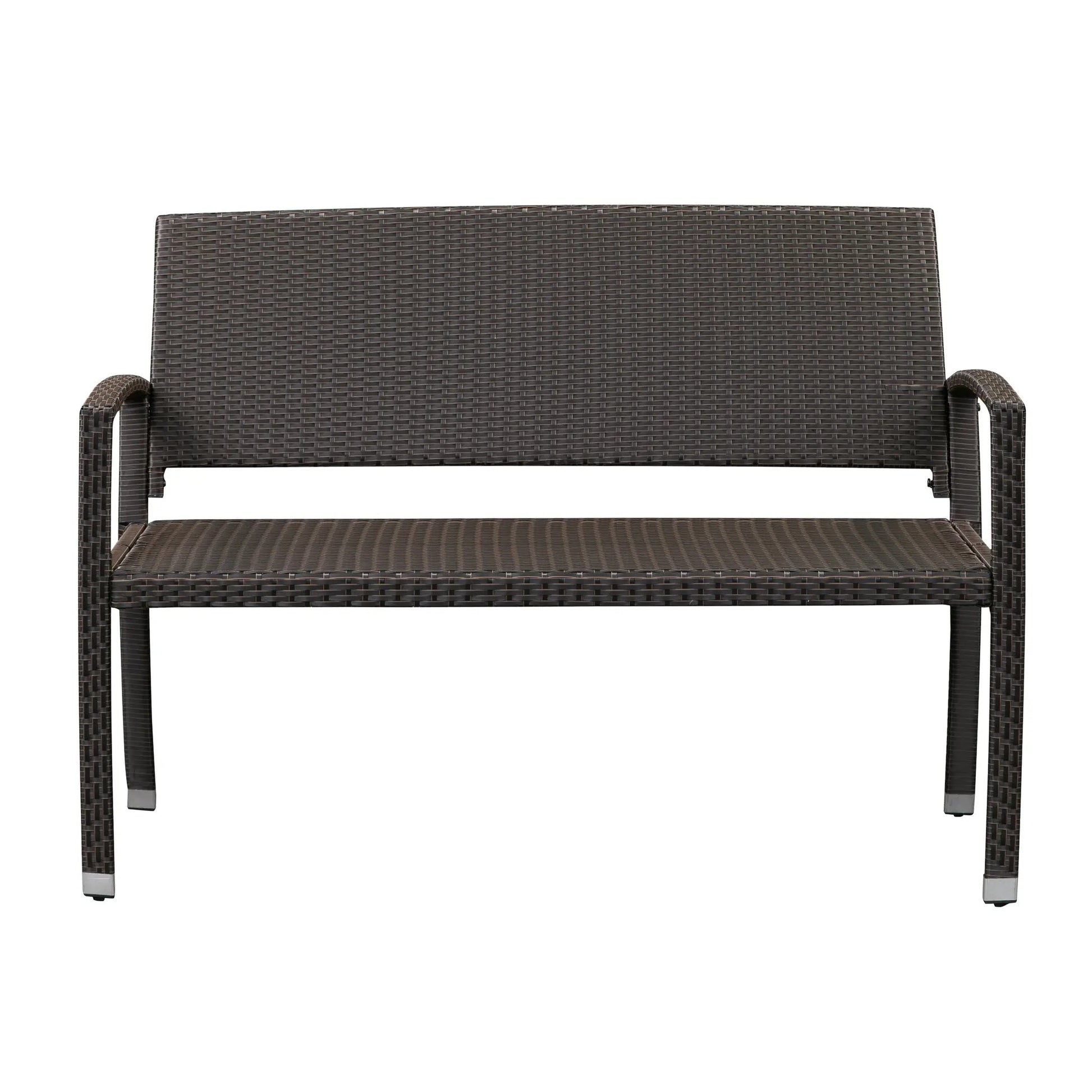Miles Wicker Bench outdoor bench brown woven resin wicker with dark metal frame by Fire Sense/Balkene Home on Tampa Home & Garden Store