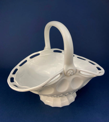 Milk Glass Basket. Large, Pinched Basket with Waffle Pattern, Embossed Circles, and Lacey Edge. Fruit Basket. Table Centerpiece. - Tampa Home & Garden Store
