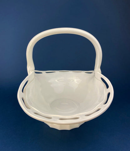 Milk Glass Basket. Large, Pinched Basket with Waffle Pattern, Embossed Circles, and Lacey Edge. Fruit Basket. Table Centerpiece. - Tampa Home & Garden Store