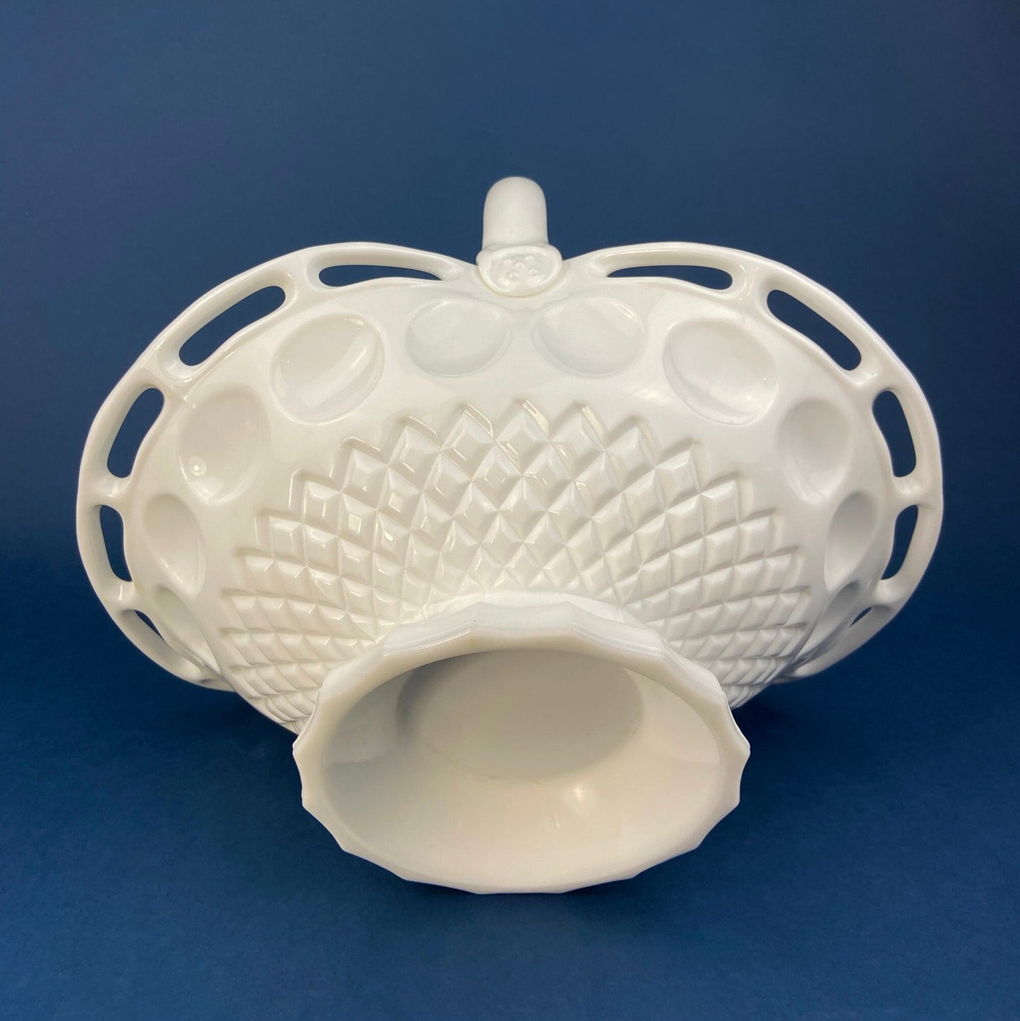Milk Glass Basket. Large, Pinched Basket with Waffle Pattern, Embossed Circles, and Lacey Edge. Fruit Basket. Table Centerpiece. - Tampa Home & Garden Store