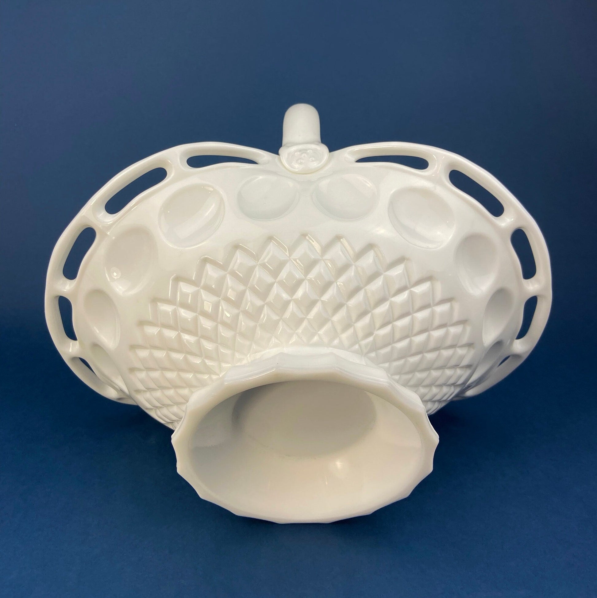 Milk Glass Basket. Large, Pinched Basket with Waffle Pattern, Embossed Circles, and Lacey Edge. Fruit Basket. Table Centerpiece. - Tampa Home & Garden Store