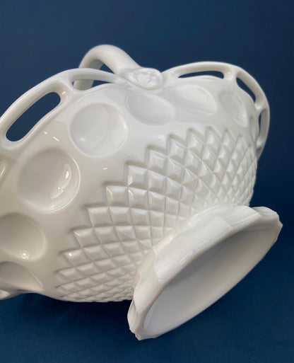Milk Glass Basket. Large, Pinched Basket with Waffle Pattern, Embossed Circles, and Lacey Edge. Fruit Basket. Table Centerpiece. - Tampa Home & Garden Store