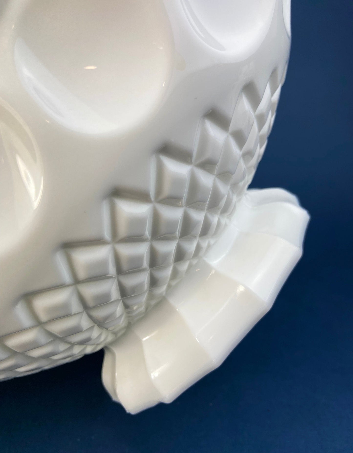 Milk Glass Basket. Large, Pinched Basket with Waffle Pattern, Embossed Circles, and Lacey Edge. Fruit Basket. Table Centerpiece. - Tampa Home & Garden Store