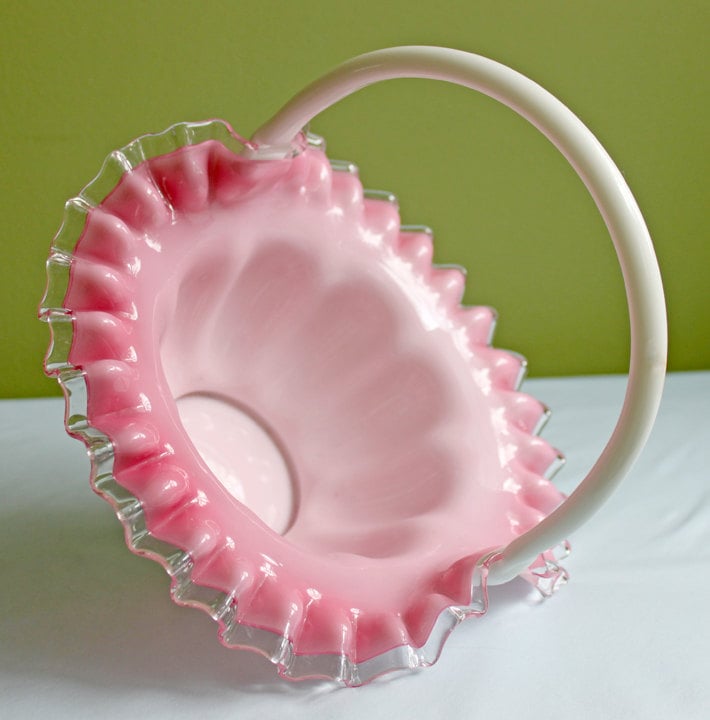 Milk Glass Basket. Large, Pinched Basket with Waffle Pattern, Embossed Circles, and Lacey Edge. Fruit Basket. Table Centerpiece. - Tampa Home & Garden Store