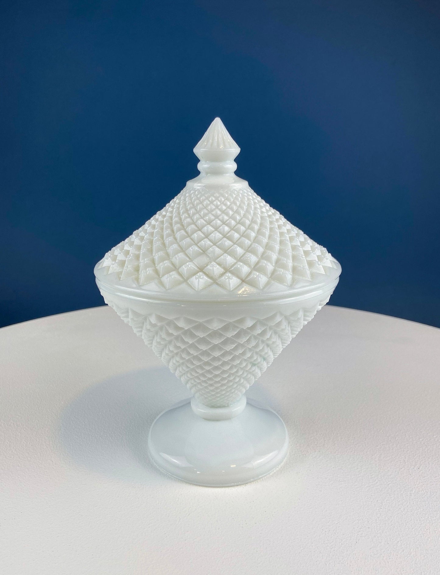 Milk Glass Bowl with Lid. Diamond Pattern, Cone Shaped Bowl with Cover. Trinket Compote for Dresser Top, Bathroom Accesories, Candy Dish. - Tampa Home & Garden Store