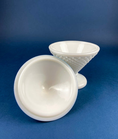 Milk Glass Bowl with Lid. Diamond Pattern, Cone Shaped Bowl with Cover. Trinket Compote for Dresser Top, Bathroom Accesories, Candy Dish. - Tampa Home & Garden Store