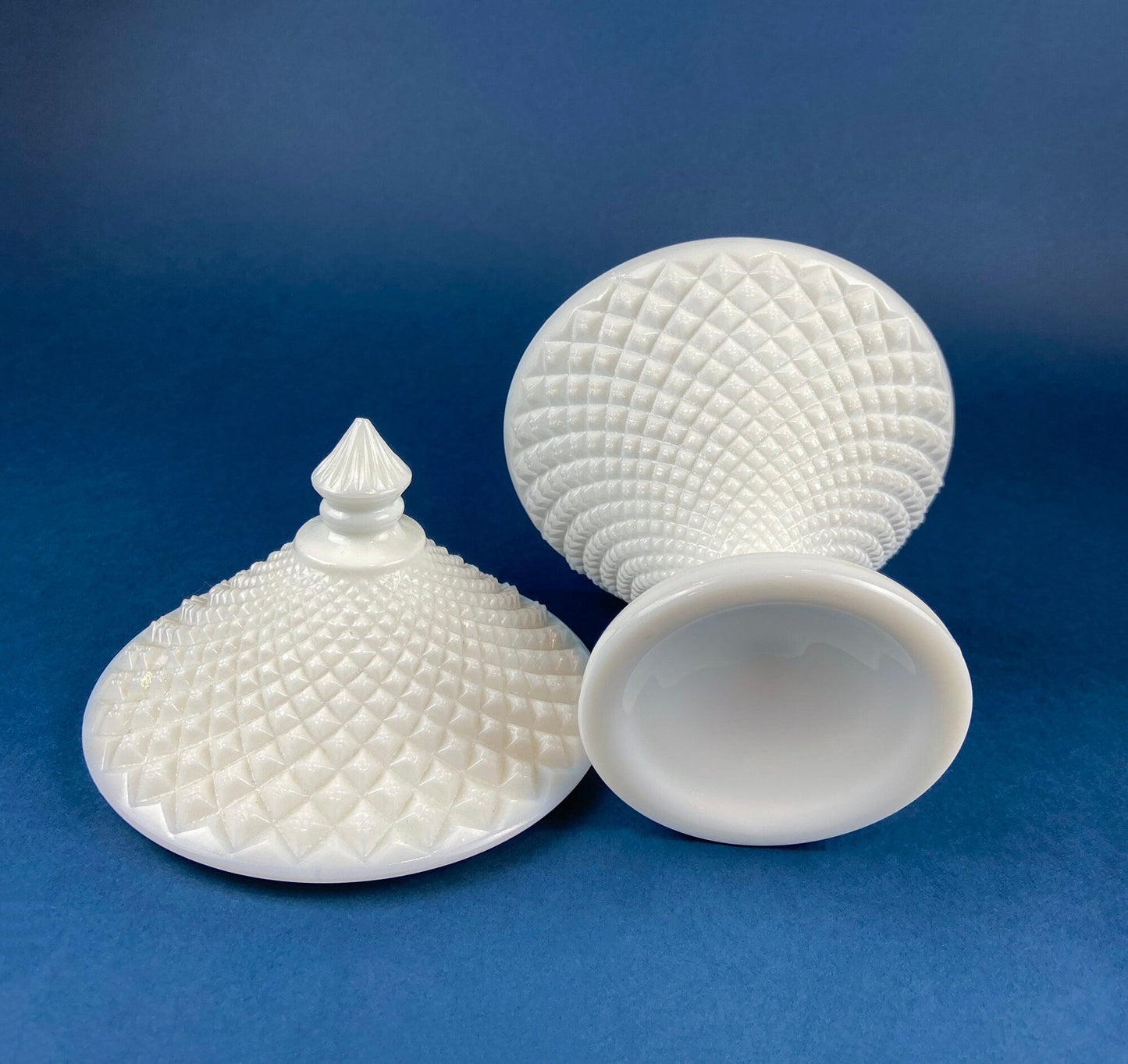 Milk Glass Bowl with Lid. Diamond Pattern, Cone Shaped Bowl with Cover. Trinket Compote for Dresser Top, Bathroom Accesories, Candy Dish. - Tampa Home & Garden Store