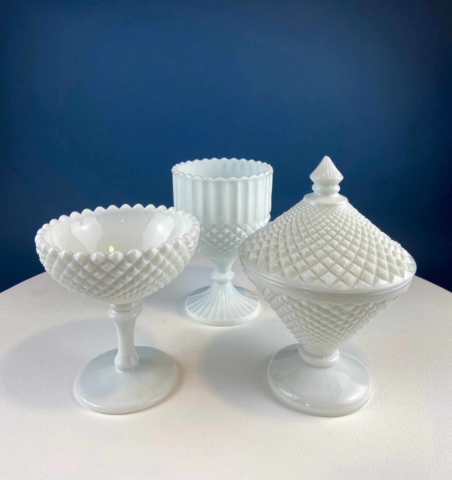 Milk Glass Bowl with Lid. Diamond Pattern, Cone Shaped Bowl with Cover. Trinket Compote for Dresser Top, Bathroom Accesories, Candy Dish. - Tampa Home & Garden Store