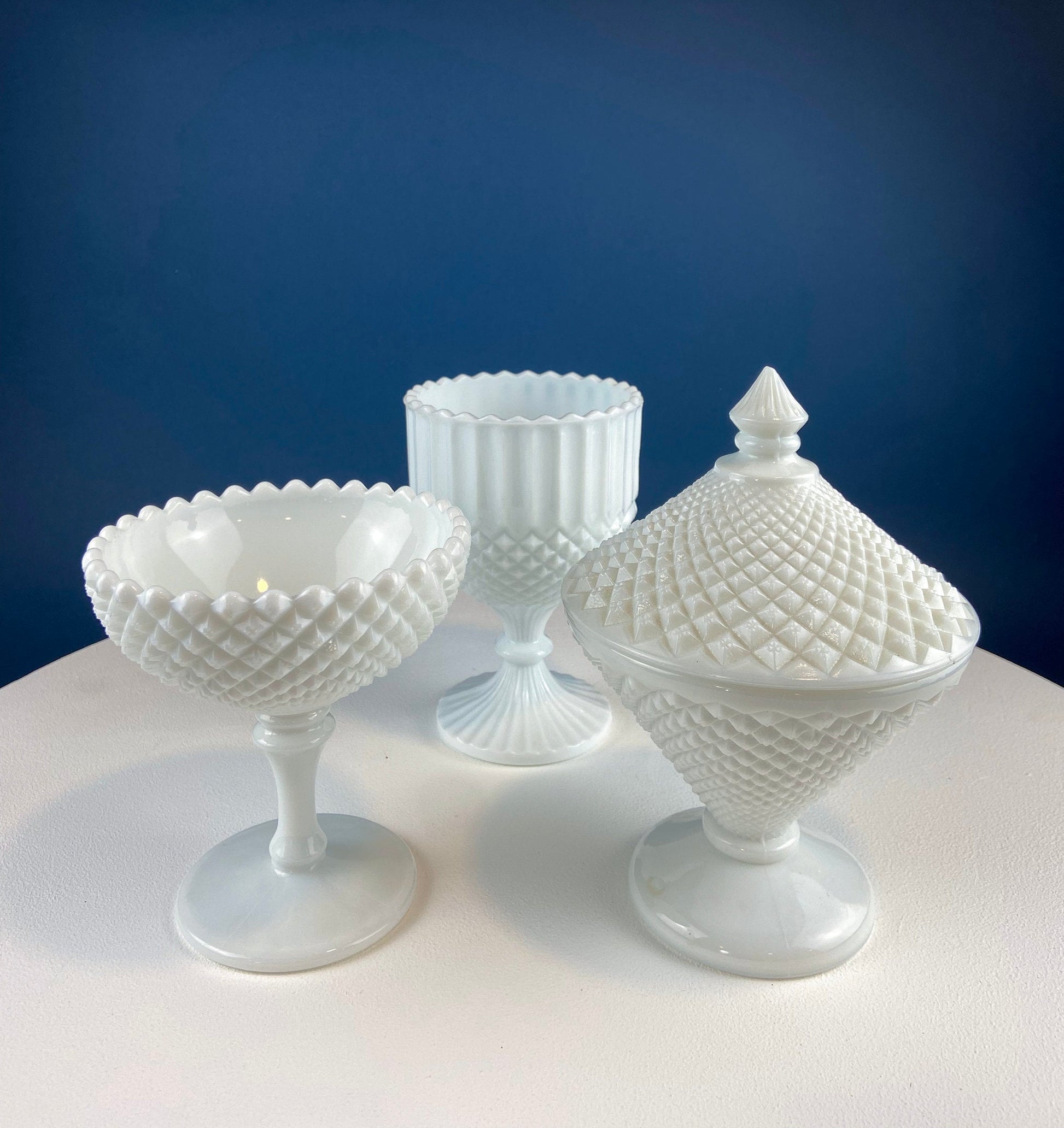 Milk Glass Bowl with Lid. Diamond Pattern, Cone Shaped Bowl with Cover. Trinket Compote for Dresser Top, Bathroom Accesories, Candy Dish. - Tampa Home & Garden Store