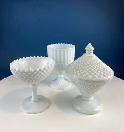 Milk Glass Bowl with Lid. Diamond Pattern, Cone Shaped Bowl with Cover. Trinket Compote for Dresser Top, Bathroom Accesories, Candy Dish. - Tampa Home & Garden Store