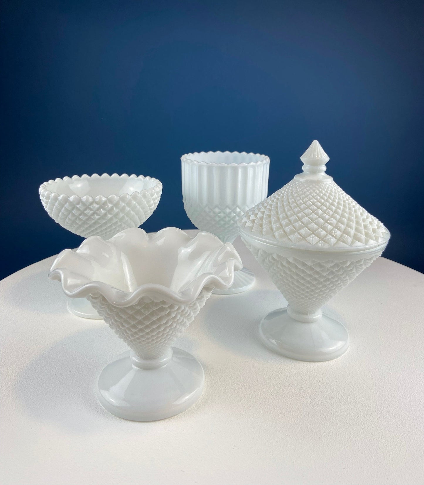 Milk Glass Bowl with Lid. Diamond Pattern, Cone Shaped Bowl with Cover. Trinket Compote for Dresser Top, Bathroom Accesories, Candy Dish. - Tampa Home & Garden Store