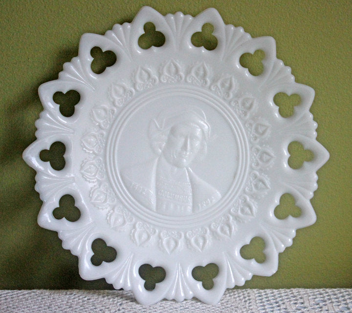Milk Glass Display Plate with Lacy Rim - Embossed Columbus - Tampa Home & Garden Store