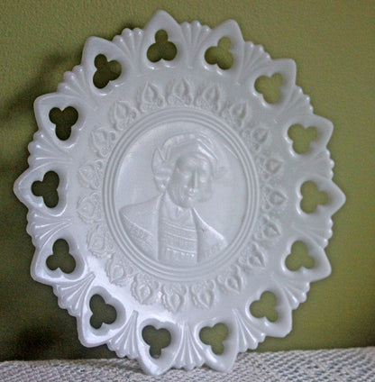 Milk Glass Display Plate with Lacy Rim - Embossed Columbus - Tampa Home & Garden Store
