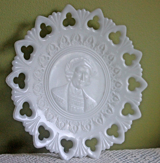 Milk Glass Display Plate with Lacy Rim - Embossed Columbus - Tampa Home & Garden Store