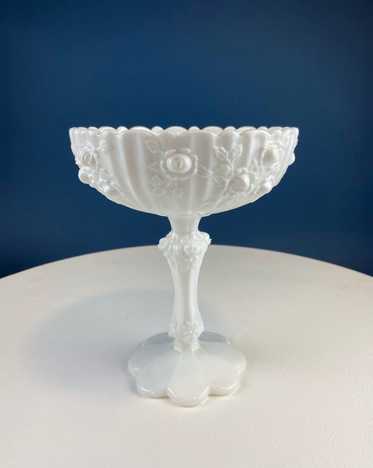 Milk Glass Floral Footed Bowl with Salloped Rim. White Compote with 3-D Roses. Serving Dish for Fruit or Nuts Bowl. Bedroom Console Decor. - Tampa Home & Garden Store