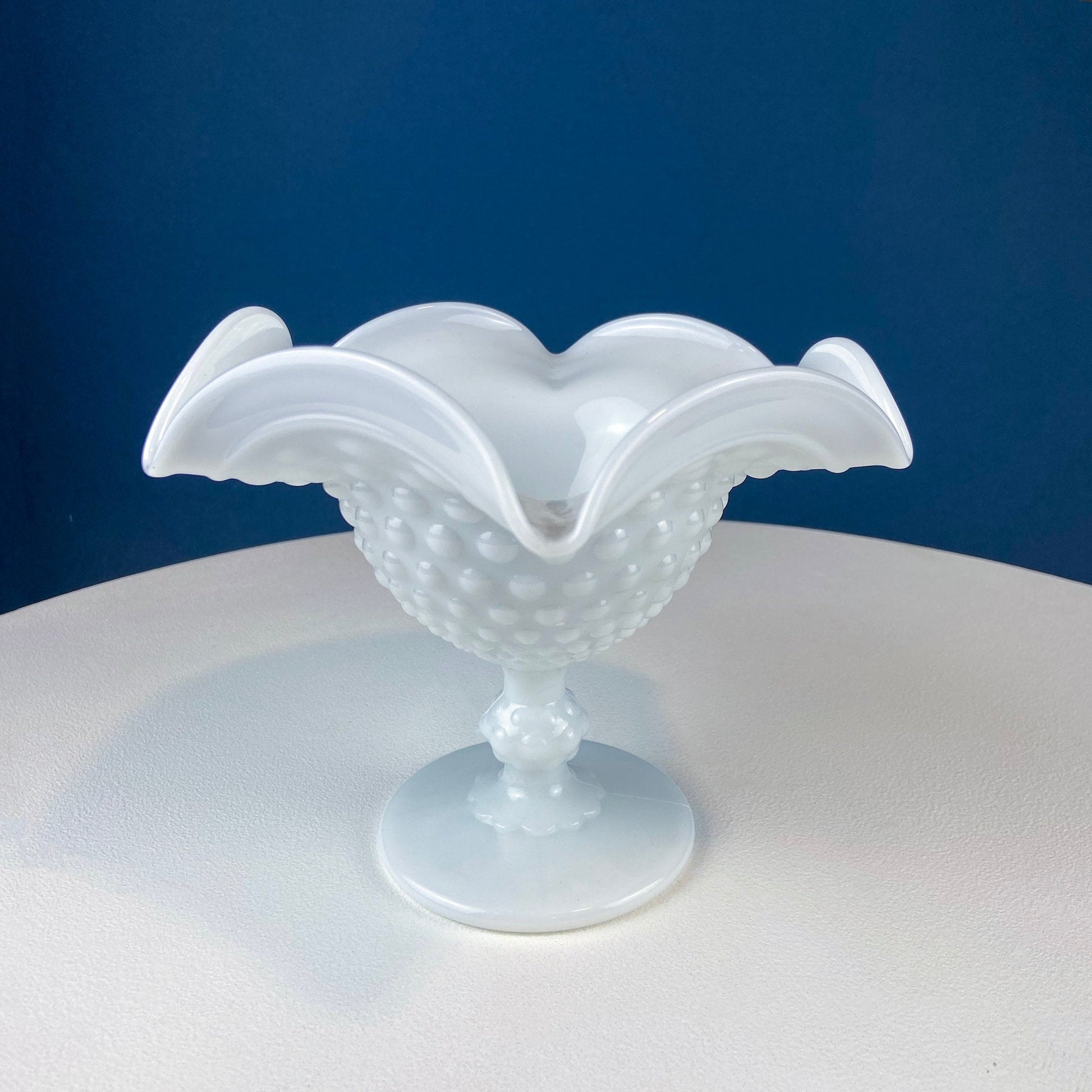 Milk Glass Footed Bowl Shaped like Hibiscus. White Glass Compote with Hobnail Pattern and Scalloped/Ruffled Rim. Serving Dish. Trinket Dish. - Tampa Home & Garden Store