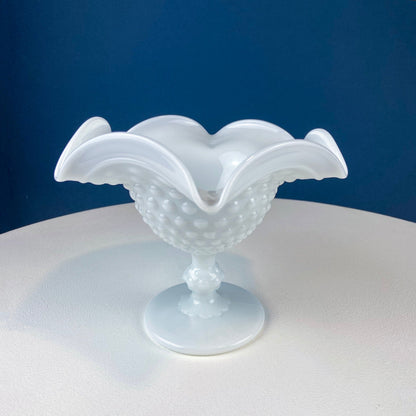 Milk Glass Footed Bowl Shaped like Hibiscus. White Glass Compote with Hobnail Pattern and Scalloped/Ruffled Rim. Serving Dish. Trinket Dish. - Tampa Home & Garden Store