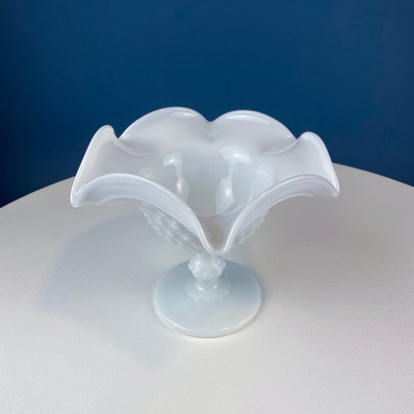 Milk Glass Footed Bowl Shaped like Hibiscus. White Glass Compote with Hobnail Pattern and Scalloped/Ruffled Rim. Serving Dish. Trinket Dish. - Tampa Home & Garden Store
