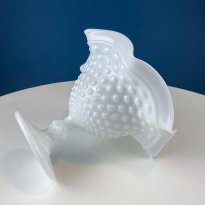 Milk Glass Footed Bowl Shaped like Hibiscus. White Glass Compote with Hobnail Pattern and Scalloped/Ruffled Rim. Serving Dish. Trinket Dish. - Tampa Home & Garden Store