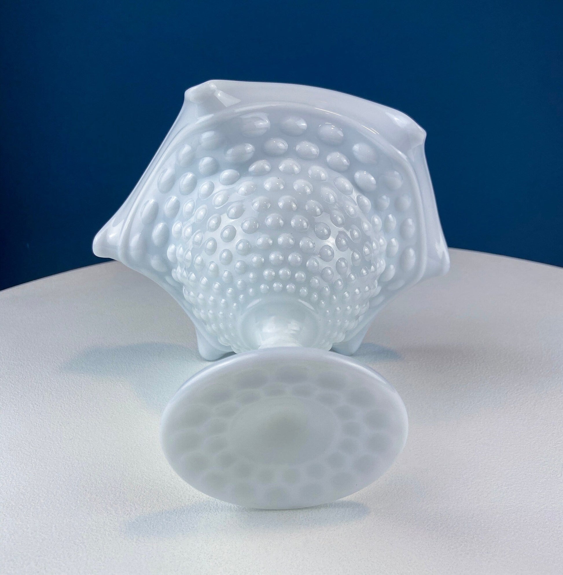 Milk Glass Footed Bowl Shaped like Hibiscus. White Glass Compote with Hobnail Pattern and Scalloped/Ruffled Rim. Serving Dish. Trinket Dish. - Tampa Home & Garden Store