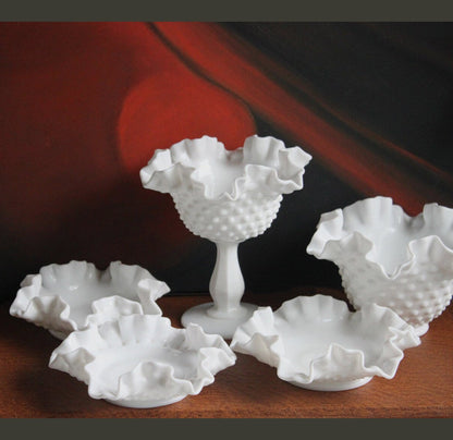 Milk Glass Footed Bowl Shaped like Hibiscus. White Glass Compote with Hobnail Pattern and Scalloped/Ruffled Rim. Serving Dish. Trinket Dish. - Tampa Home & Garden Store