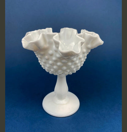 Milk Glass Footed Bowl Shaped like Hibiscus. White Glass Compote with Hobnail Pattern and Scalloped/Ruffled Rim. Serving Dish. Trinket Dish. - Tampa Home & Garden Store