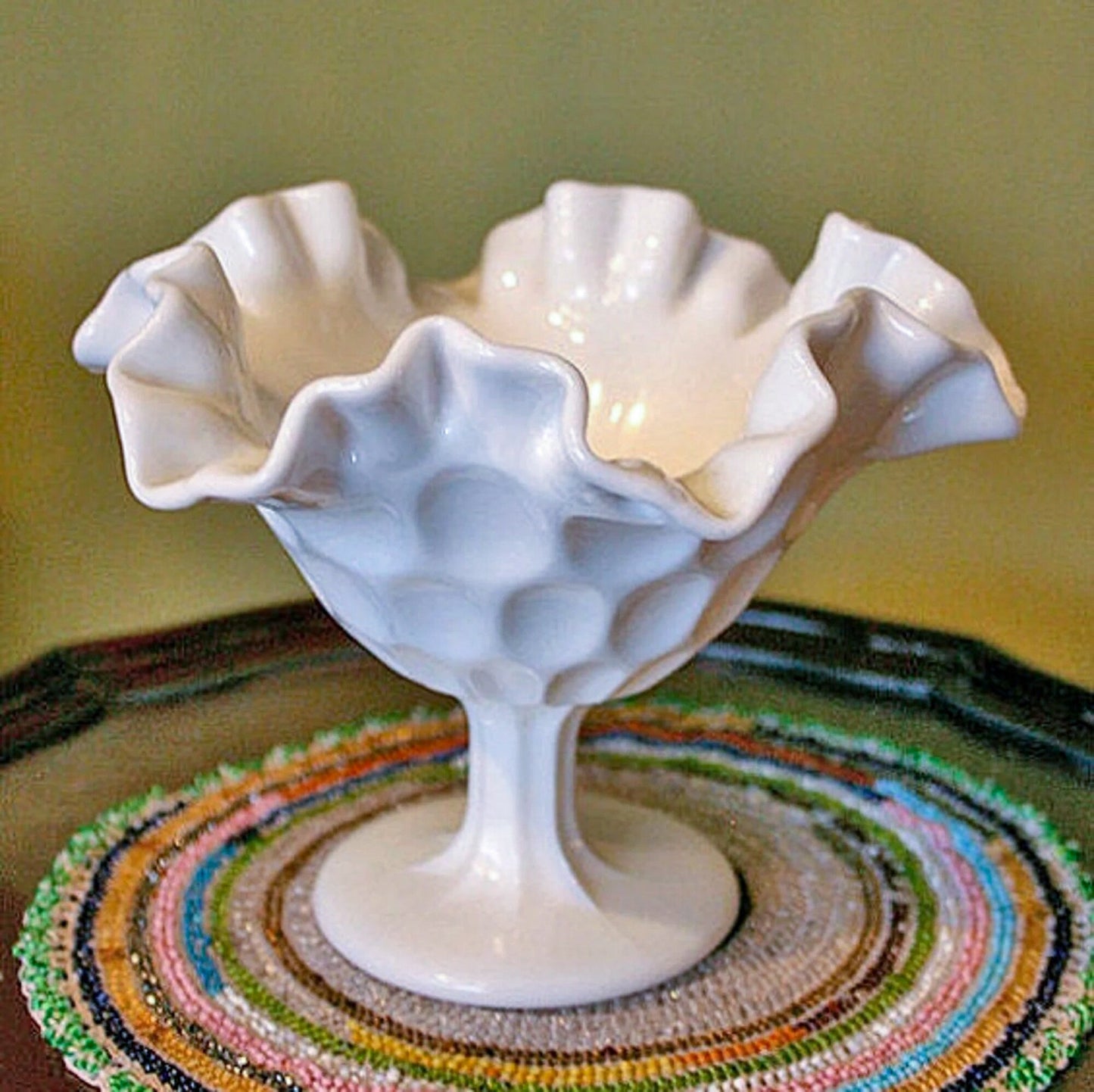 Milk Glass Footed Bowl Shaped like Hibiscus. White Glass Compote with Hobnail Pattern and Scalloped/Ruffled Rim. Serving Dish. Trinket Dish. - Tampa Home & Garden Store