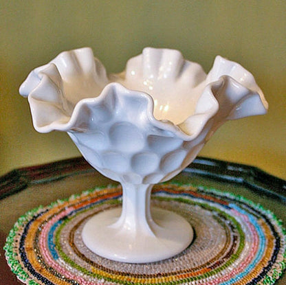 Milk Glass Footed Bowl Shaped like Hibiscus. White Glass Compote with Hobnail Pattern and Scalloped/Ruffled Rim. Serving Dish. Trinket Dish. - Tampa Home & Garden Store