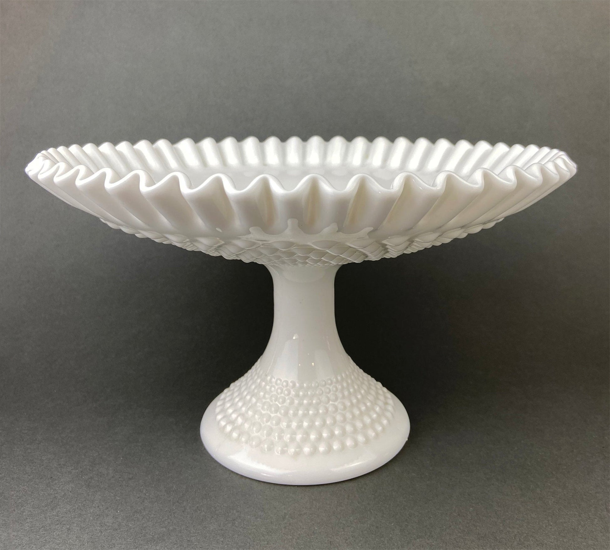 Milk Glass Hobnail Footed Bowl. Large Serving Dish with Ruffled Edge. White Table Setting. Holiday Celebration. - Tampa Home & Garden Store