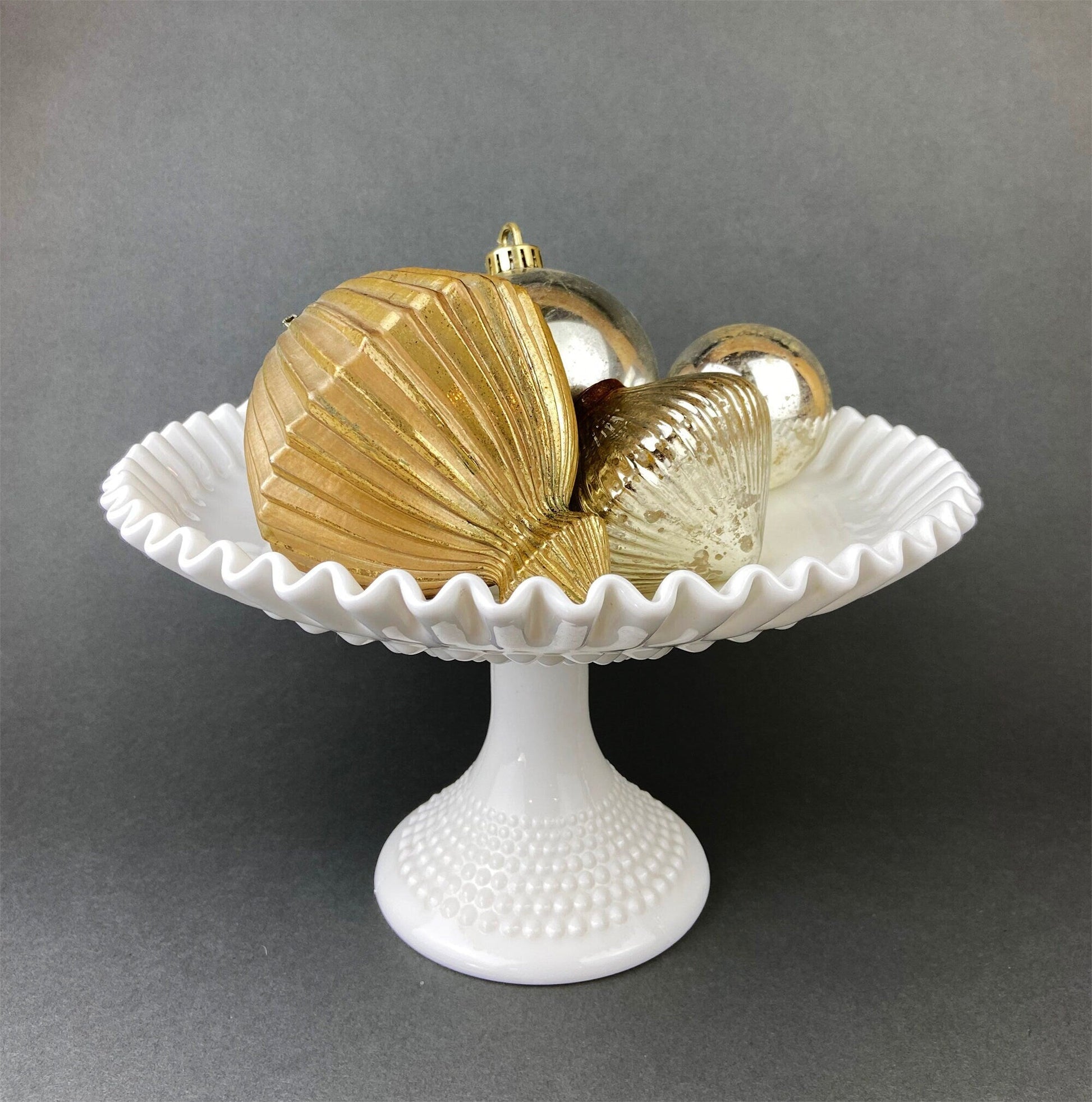 Milk Glass Hobnail Footed Bowl. Large Serving Dish with Ruffled Edge. White Table Setting. Holiday Celebration. - Tampa Home & Garden Store