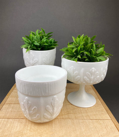 Milk Glass Oak Leaf Design Bowls. Set of Three Differently Shaped Vases. White Herb Planters. - Tampa Home & Garden Store