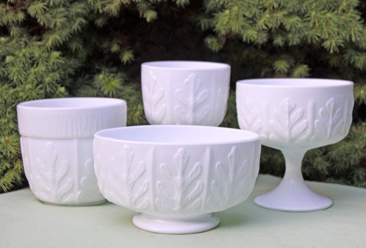 Milk Glass Oak Leaf Design Bowls. Set of Three Differently Shaped Vases. White Herb Planters. - Tampa Home & Garden Store