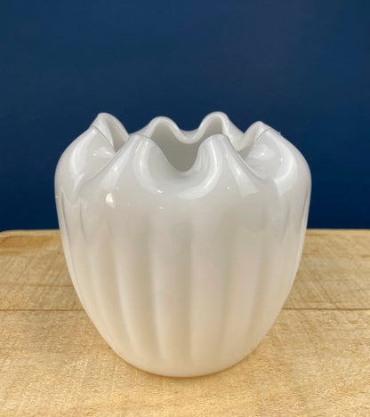 Milk Glass Planter or Vase. Vintage White Flower Pot with Ribbed Pattern and Pinched Rim. Window Sill Herbal Garden. - Tampa Home & Garden Store
