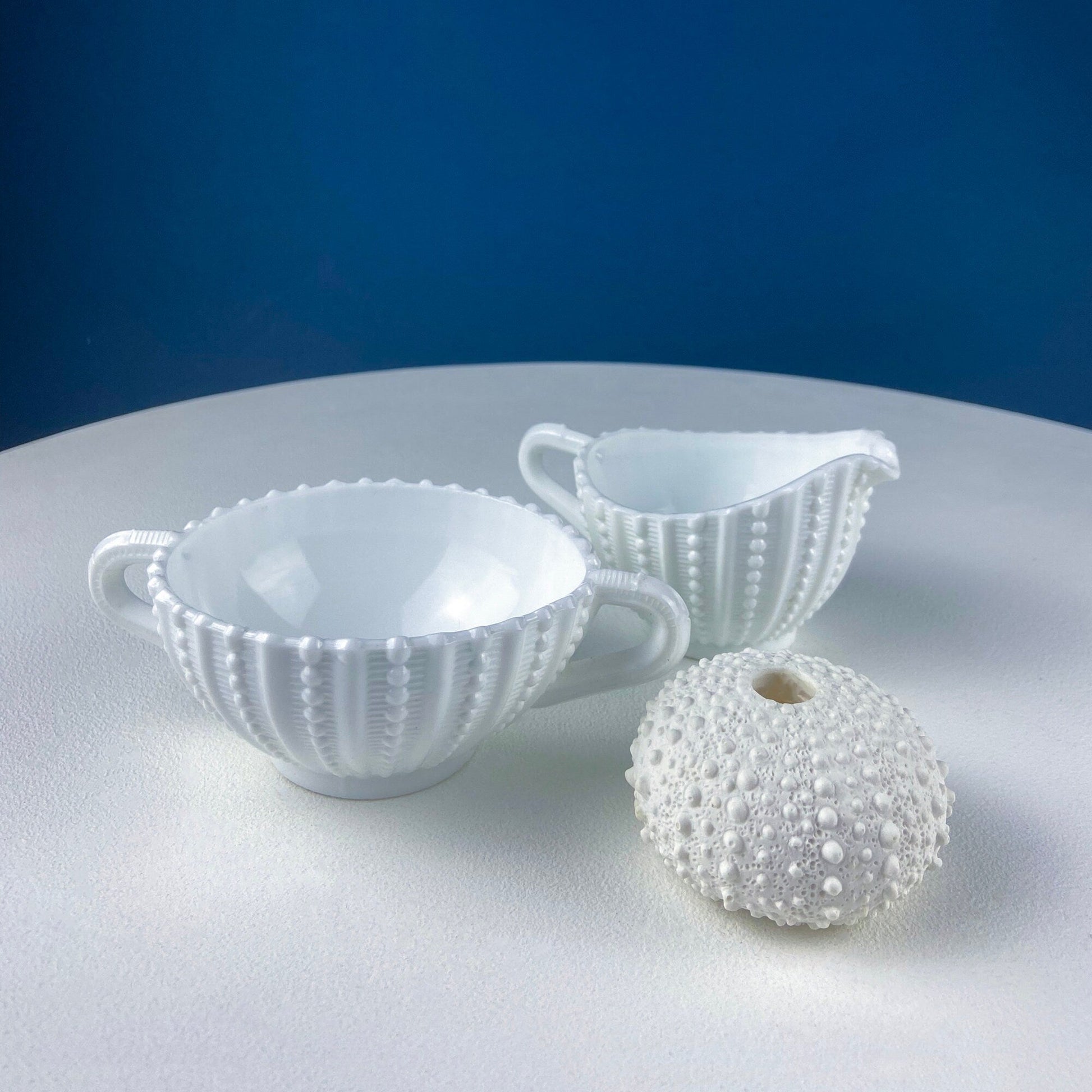 Milk Glass Sea-Urchins Creamer and Sugar. Nautical Themed White Serving Dishes/Accessories. Set of Two. Vacation, Tropical, 2nd Home. - Tampa Home & Garden Store