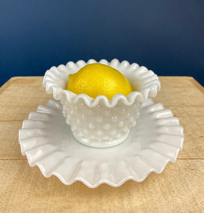 Milk Glass Serving Dish with Plate. Hobnail Serving Bowl for Dip, Dressing, or Sauce. White Scalloped Rim. Fine Dining. Collectible. - Tampa Home & Garden Store