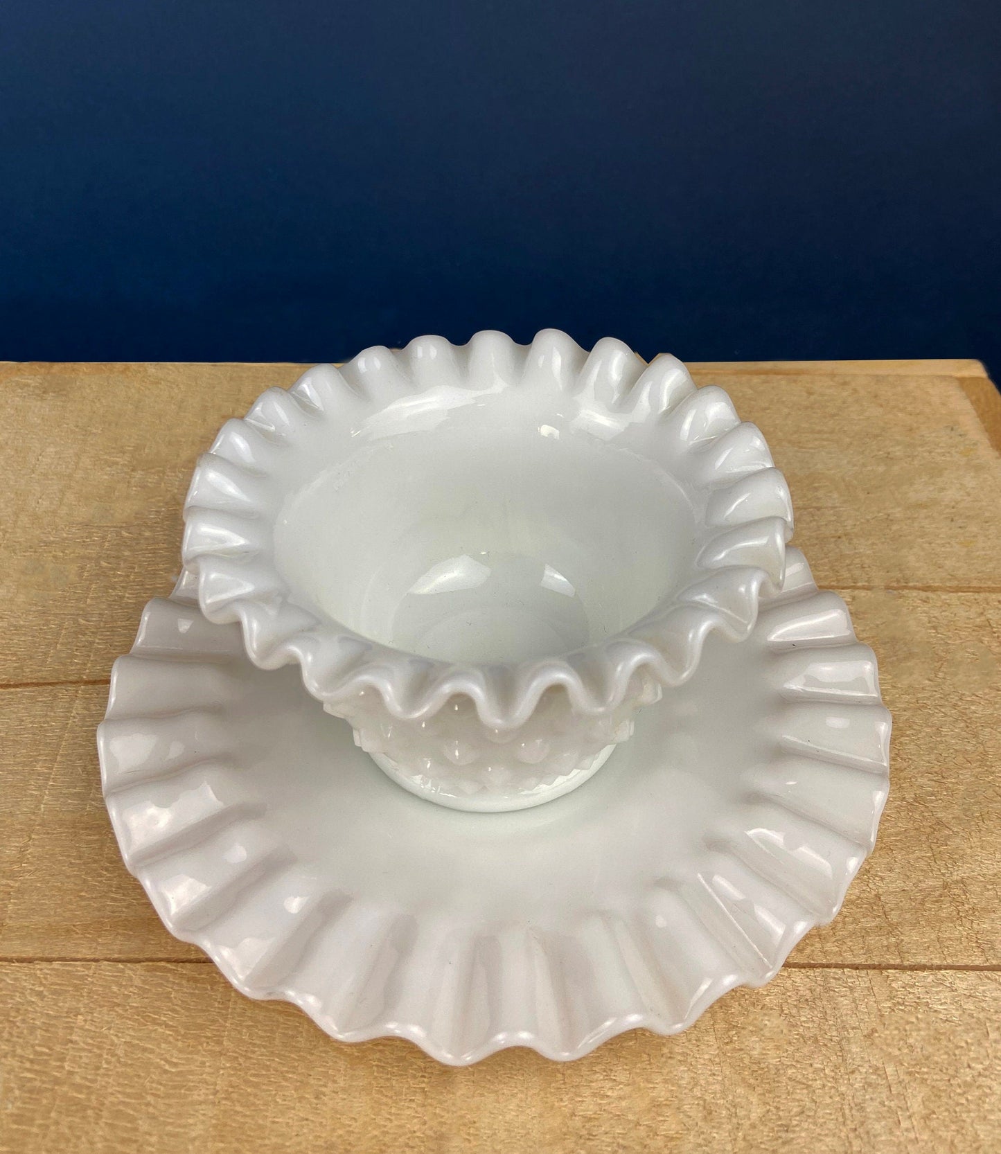 Milk Glass Serving Dish with Plate. Hobnail Serving Bowl for Dip, Dressing, or Sauce. White Scalloped Rim. Fine Dining. Collectible. - Tampa Home & Garden Store