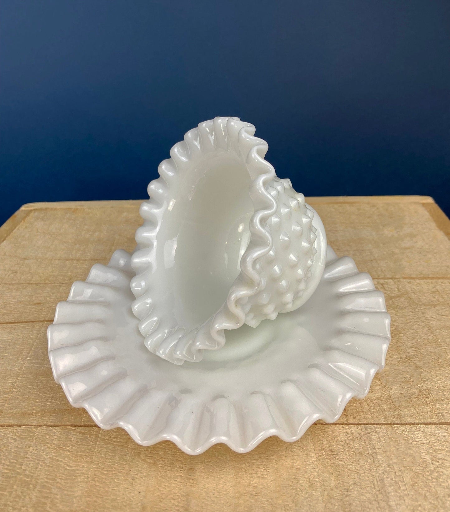 Milk Glass Serving Dish with Plate. Hobnail Serving Bowl for Dip, Dressing, or Sauce. White Scalloped Rim. Fine Dining. Collectible. - Tampa Home & Garden Store