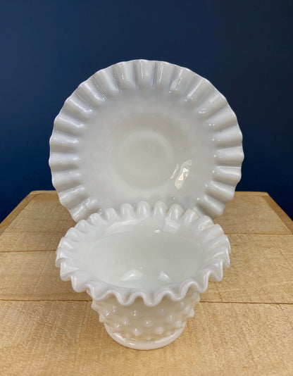 Milk Glass Serving Dish with Plate. Hobnail Serving Bowl for Dip, Dressing, or Sauce. White Scalloped Rim. Fine Dining. Collectible. - Tampa Home & Garden Store