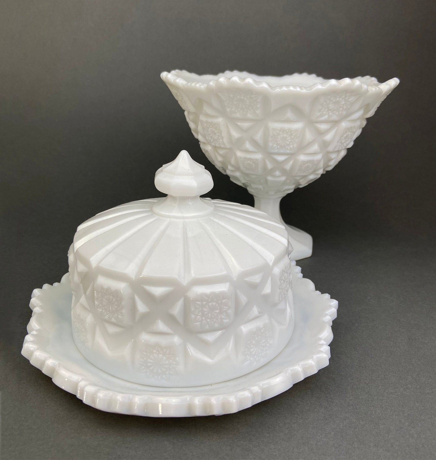 Milk Glass Serving Dishes.  Waffle Pattern Footed Bowl and Matching Butter Dish.  Scalloped Edge Design.  Modern Table Centerpieces. - Tampa Home & Garden Store