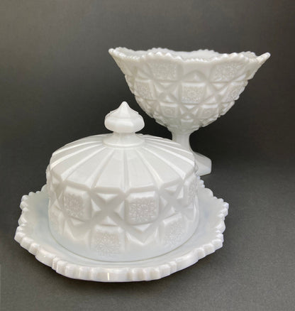 Milk Glass Serving Dishes.  Waffle Pattern Footed Bowl and Matching Butter Dish.  Scalloped Edge Design.  Modern Table Centerpieces. - Tampa Home & Garden Store