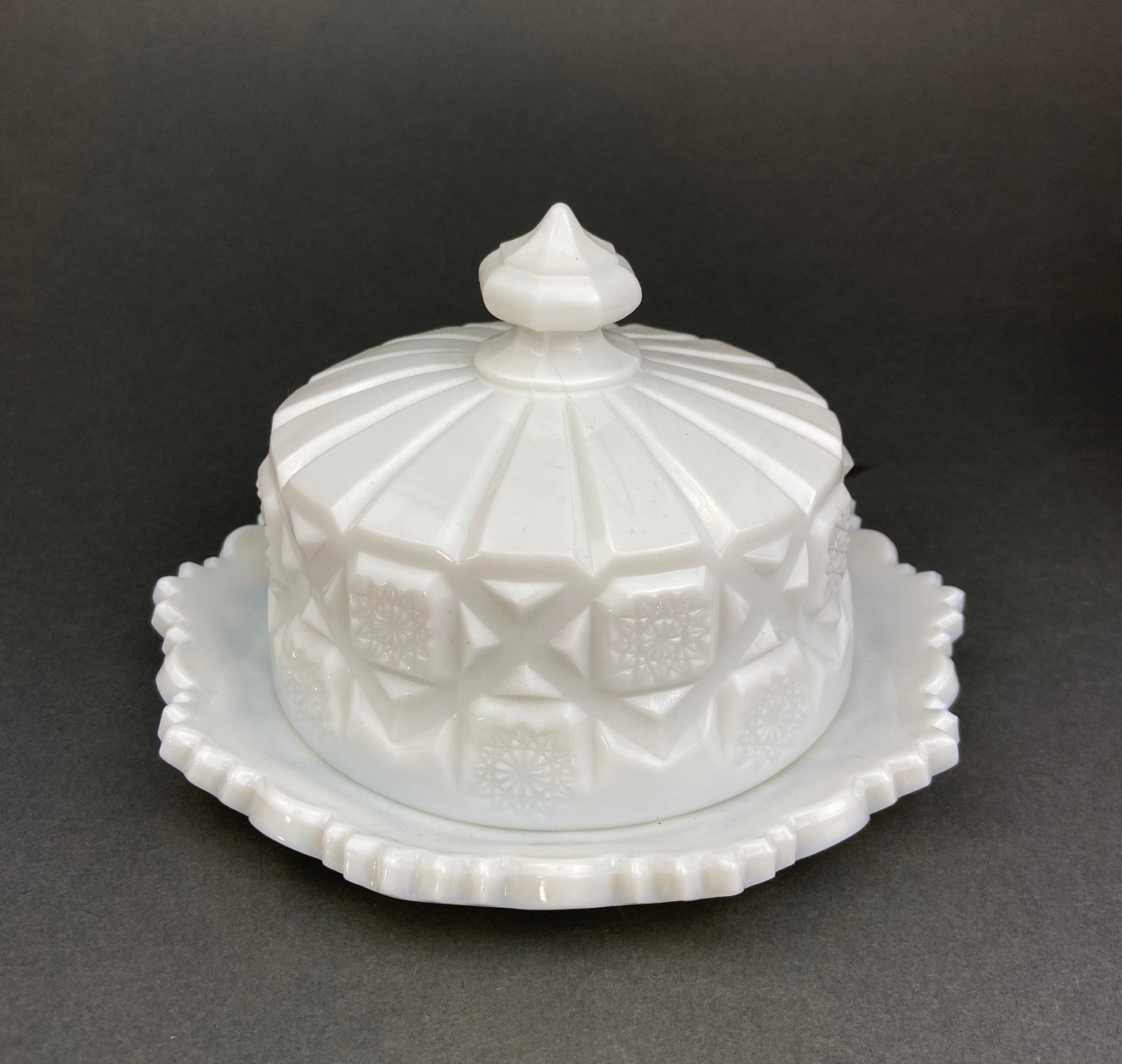 Milk Glass Serving Dishes.  Waffle Pattern Footed Bowl and Matching Butter Dish.  Scalloped Edge Design.  Modern Table Centerpieces. - Tampa Home & Garden Store