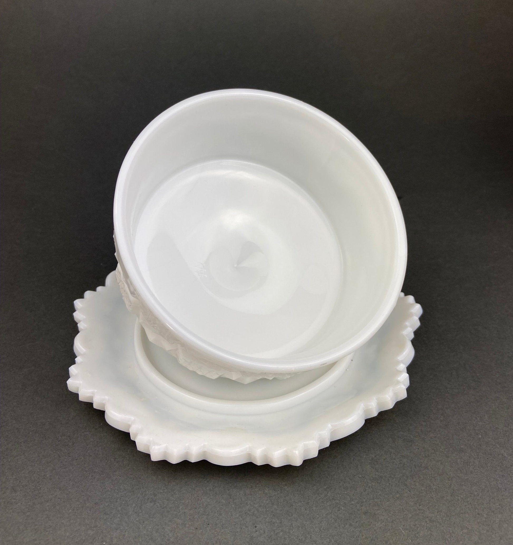 Milk Glass Serving Dishes.  Waffle Pattern Footed Bowl and Matching Butter Dish.  Scalloped Edge Design.  Modern Table Centerpieces. - Tampa Home & Garden Store