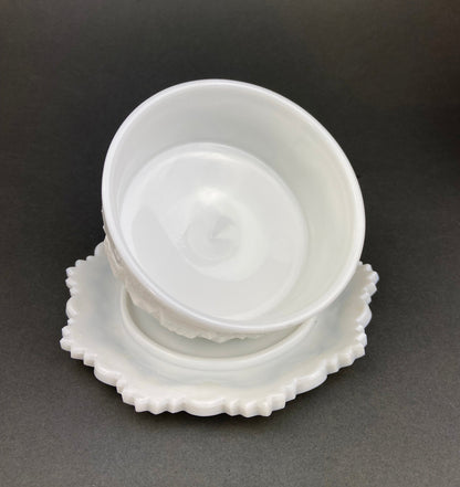 Milk Glass Serving Dishes.  Waffle Pattern Footed Bowl and Matching Butter Dish.  Scalloped Edge Design.  Modern Table Centerpieces. - Tampa Home & Garden Store