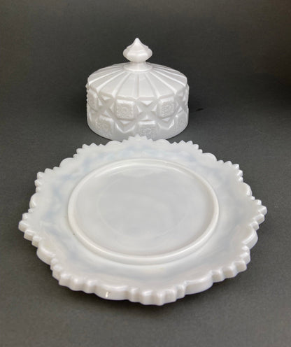 Milk Glass Serving Dishes.  Waffle Pattern Footed Bowl and Matching Butter Dish.  Scalloped Edge Design.  Modern Table Centerpieces. - Tampa Home & Garden Store