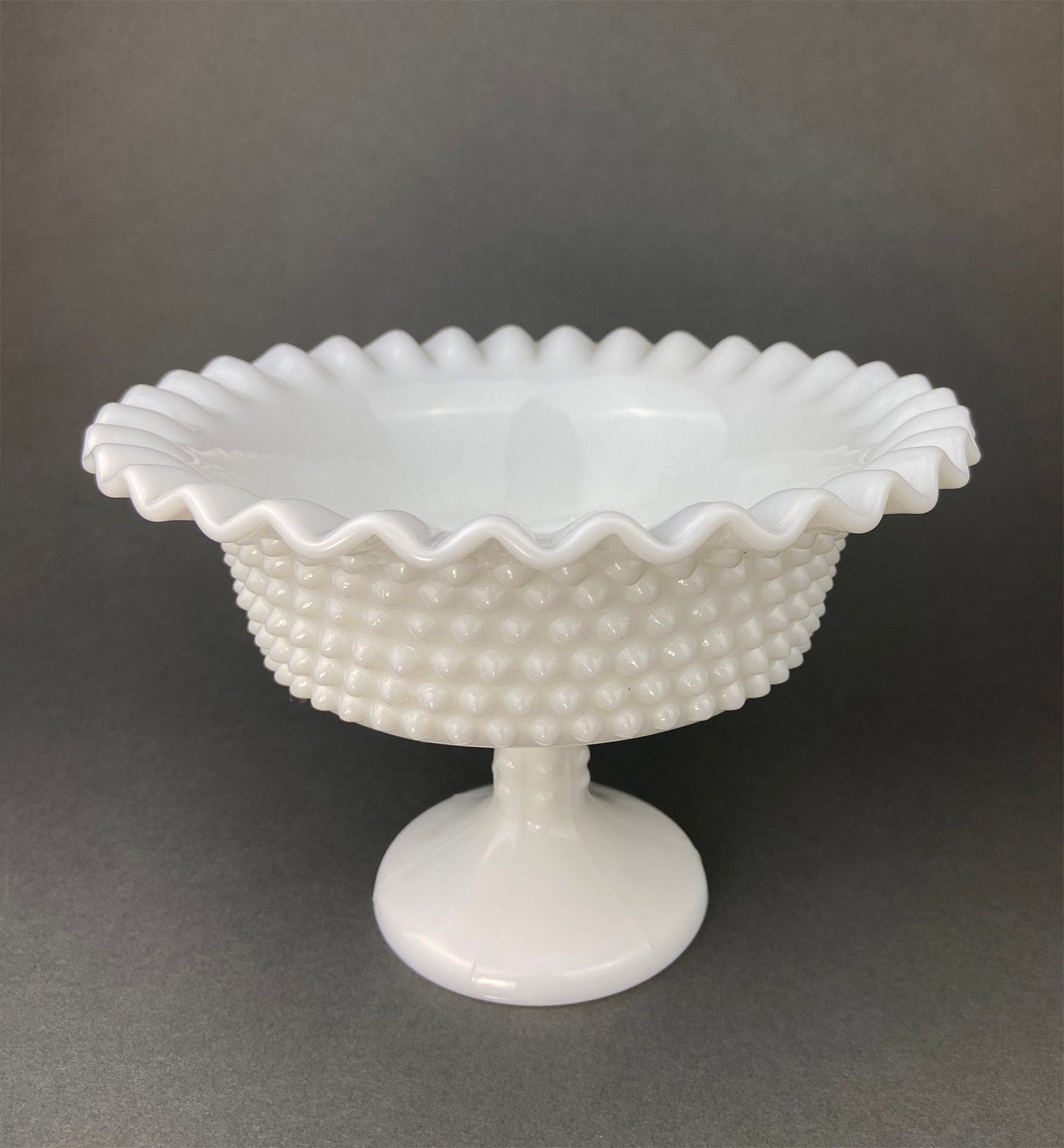 Milk Glass Serving Dishes.  Waffle Pattern Footed Bowl and Matching Butter Dish.  Scalloped Edge Design.  Modern Table Centerpieces. - Tampa Home & Garden Store